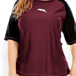 SPF Swim Shirts Short Sleeve Rash Gaurd UV Protection (Burgundy)